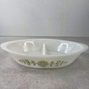 Vintage GlassBake Green Daisy Divided Casserole Dish Milk Glass 12”‎